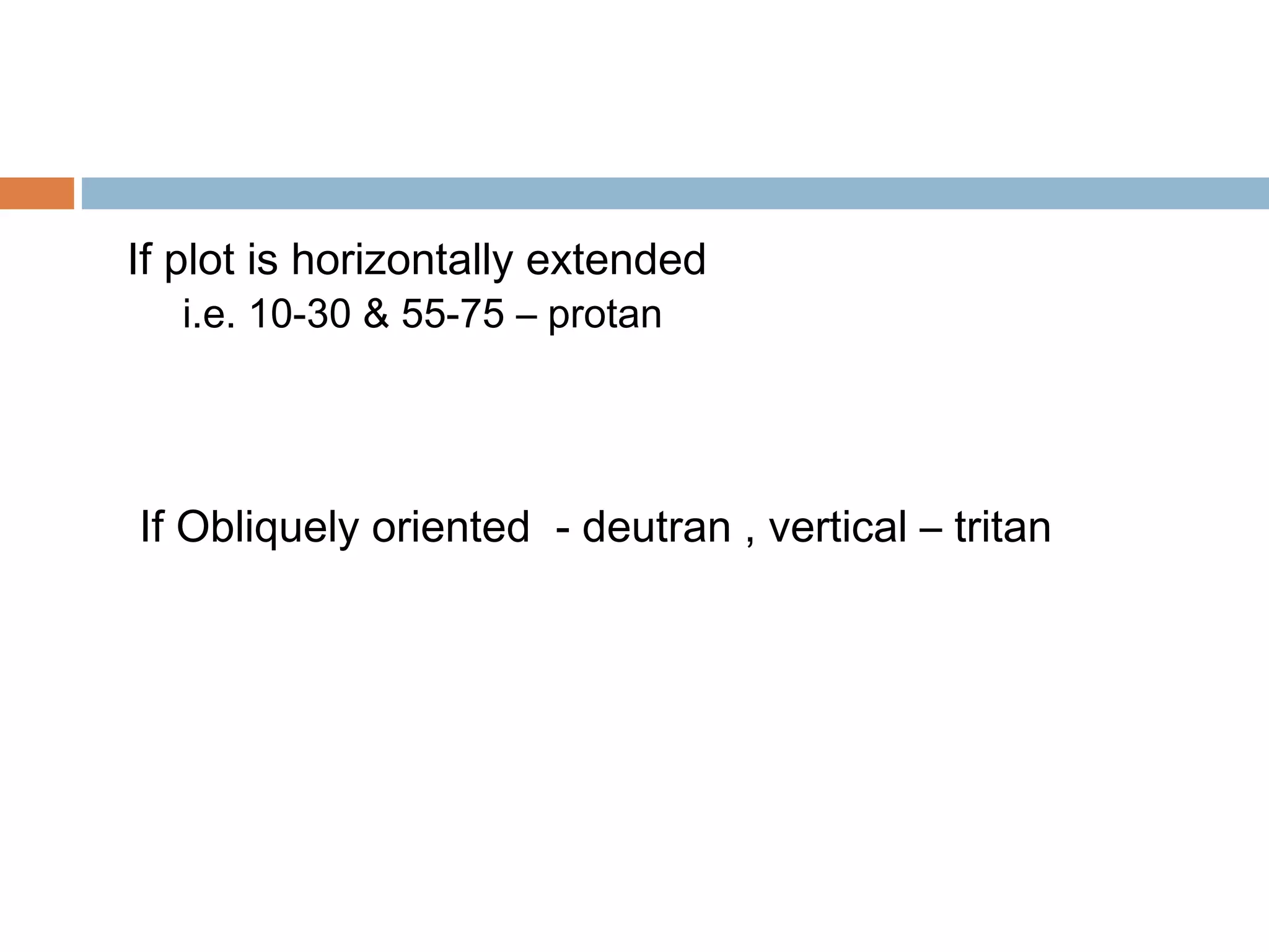 If plot is horizontally extended
i.e. 10-30 & 55-75 – protan
If Obliquely oriented - deutran , vertical – tritan
 