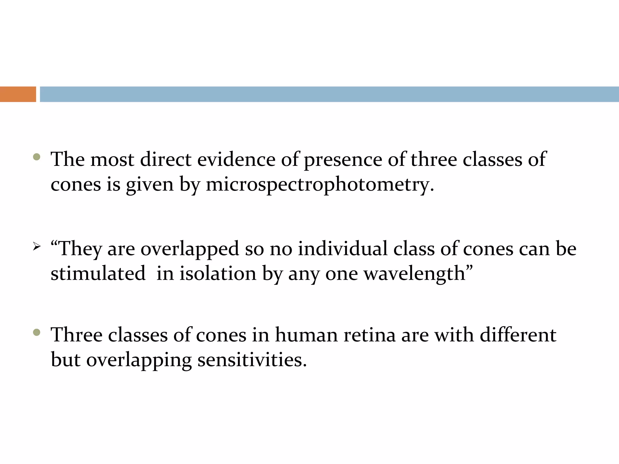  The most direct evidence of presence of three classes of
cones is given by microspectrophotometry.
 “They are overlapped so no individual class of cones can be
stimulated in isolation by any one wavelength”
 Three classes of cones in human retina are with different
but overlapping sensitivities.
 