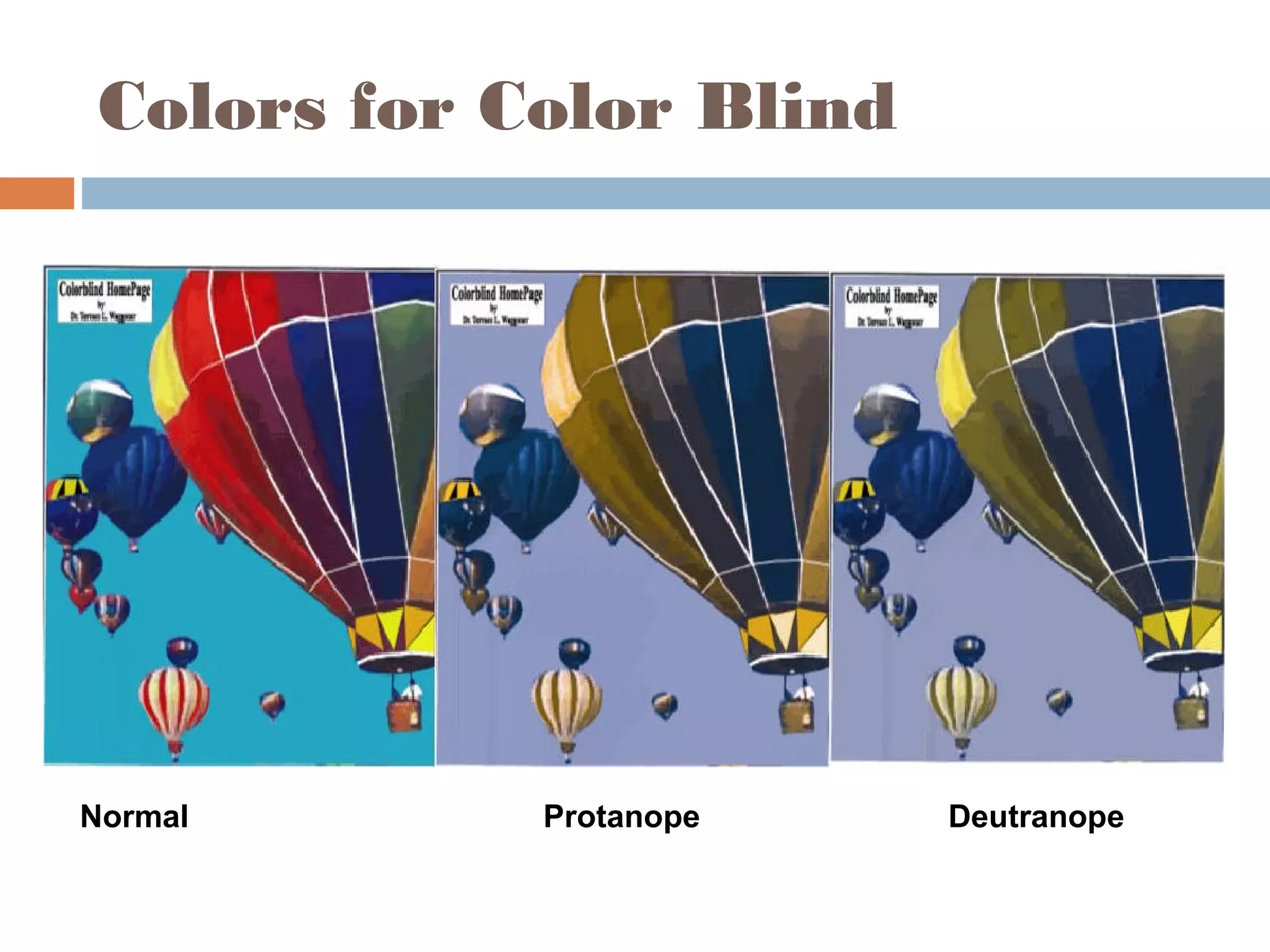 Colors for Color Blind
Normal Protanope Deutranope
 