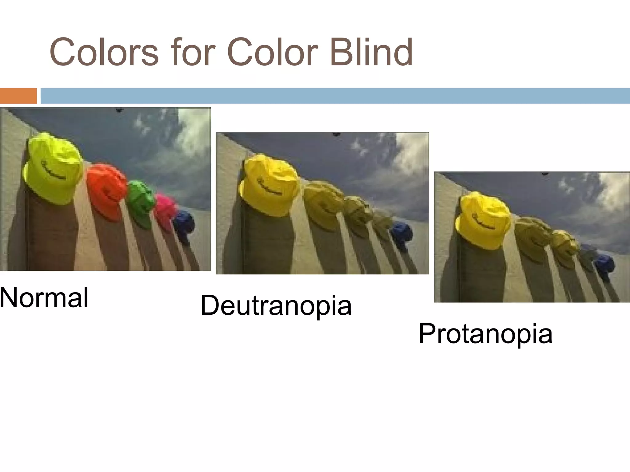 Colors for Color Blind
Normal Deutranopia
Protanopia
 
