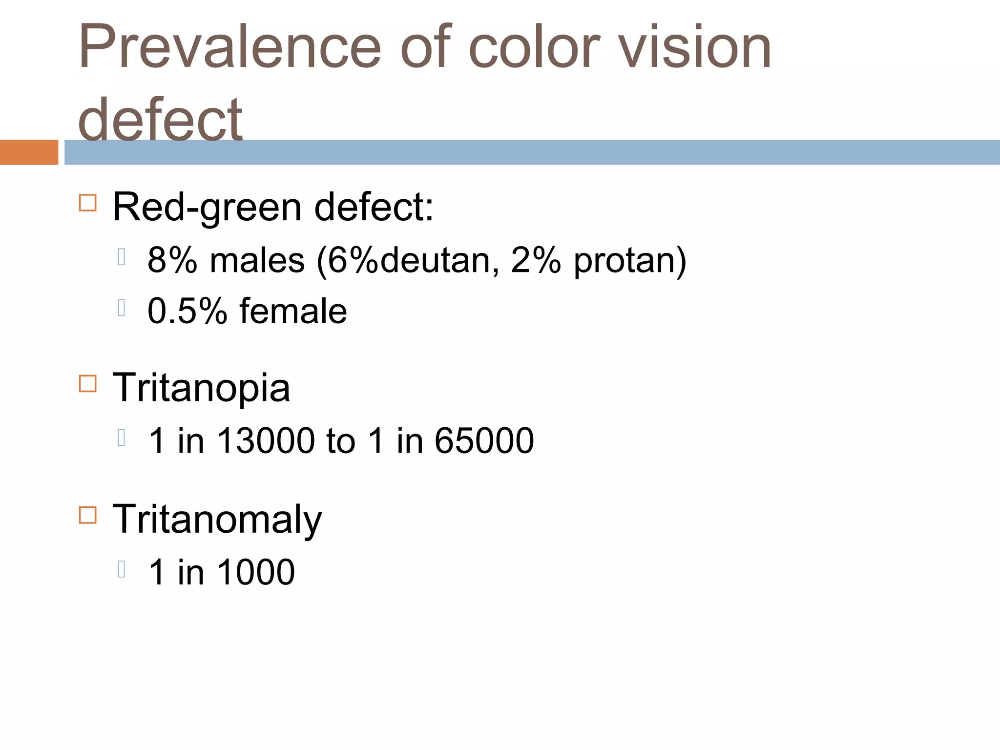  Red-green defect:
 8% males (6%deutan, 2% protan)
 0.5% female
 Tritanopia
 1 in 13000 to 1 in 65000
 Tritanomaly
 1 in 1000
Prevalence of color vision
defect
 