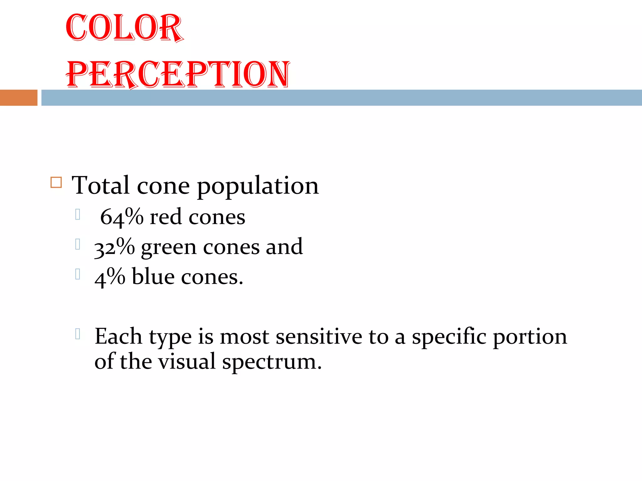 COLOR
PERCEPtION
 Total cone population
 64% red cones
 32% green cones and
 4% blue cones.
 Each type is most sensitive to a specific portion
of the visual spectrum.
 