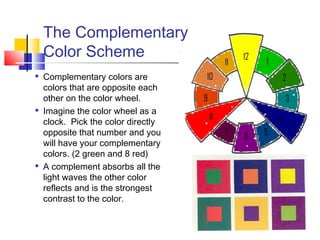 The Complementary
Color Scheme






Complementary colors are
colors that are opposite each
other on the color wheel.
Imagine the color wheel as a
clock. Pick the color directly
opposite that number and you
will have your complementary
colors. (2 green and 8 red)
A complement absorbs all the
light waves the other color
reflects and is the strongest
contrast to the color.

 
