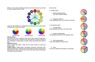 Below is a color wheel consisting of twelve colors which will give you an idea
to make successful choice of color.
There are also definitions (or categories) of colors based on the color wheel.
We begin with a 3-part color wheel.
Primary Colors:
Red, yellow and blue. In traditional color theory (used in paint and pigments),
primary colors are the 3 pigment colors that cannot be mixed or formed by
any combination of other colors. All other colors are derived from these 3
hues.
Secondary Colors:
Green, orange and purple. These are the colors formed by mixing the
primary colors.
Tertiary Colors: Yellow-orange, red-orange, red-purple, blue-purple, blue-
green & yellow-green. These are the colors formed by mixing a primary and a
secondary color. That's why the hue is a two word name, such as blue-green,
red-violet, and yellow-orange.
Color scheme
A. Related Colors
1. Monochromatic Harmony
One color of different shade
2. Analogous Harmony
Three neighboring colors, one of which is dominant
B. Contrasting Colors
1. Complementary
Colors opposite each other in the color wheel
2. Double Complementary
Two neighboring colors and their opposite colors
3. Split Complementary
Three colors diagonal with each other
4. Triad
The color in between three spaces in color wheel
 