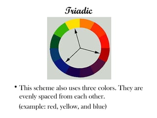 Triadic
• This scheme also uses three colors. They are
evenly spaced from each other.
(example: red, yellow, and blue)
 