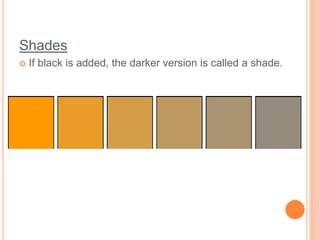 Shades 
 If black is added, the darker version is called a shade. 
 