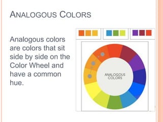 ANALOGOUS COLORS 
Analogous colors 
are colors that sit 
side by side on the 
Color Wheel and 
have a common 
hue. 
 