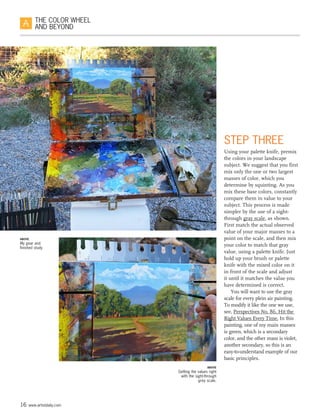 16 www.artistdaily.com
THE COLOR WHEEL
AND BEYOND
STEP THREE
Using your palette knife, premix
the colors in your landscape
subject. We suggest that you first
mix only the one or two largest
masses of color, which you
determine by squinting. As you
mix these base colors, constantly
compare them in value to your
subject. This process is made
simpler by the use of a sight-
through gray scale, as shown.
First match the actual observed
value of your major masses to a
point on the scale, and then mix
your color to match that gray
value, using a palette knife. Just
hold up your brush or palette
knife with the mixed color on it
in front of the scale and adjust
it until it matches the value you
have determined is correct.
You will want to use the gray
scale for every plein air painting.
To modify it like the one we use,
see, Perspectives No. 86, Hit the
Right Values Every Time. In this
painting, one of my main masses
is green, which is a secondary
color, and the other mass is violet,
another secondary, so this is an
easy-to-understand example of our
basic principles.
ABOVE
My gear and
finished study
ABOVE
Getting the values right
with the sight-through
grey scale.
 