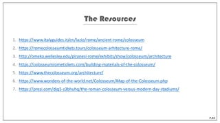 1. https://www.italyguides.it/en/lazio/rome/ancient-rome/colosseum
2. https://romecolosseumtickets.tours/colosseum-arhitecture-rome/
3. http://omeka.wellesley.edu/piranesi-rome/exhibits/show/colosseum/architecture
4. https://colosseumrometickets.com/building-materials-of-the-colosseum/
5. https://www.thecolosseum.org/architecture/
6. https://www.wonders-of-the-world.net/Colosseum/Map-of-the-Colosseum.php
7. https://prezi.com/djq5-z3bhuhq/the-roman-colosseum-versus-modern-day-stadiums/
The Resources
P.23
 