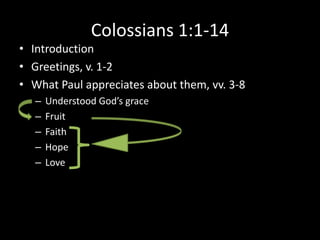 Colossians 1:1-14
• Introduction
• Greetings, v. 1-2
• What Paul appreciates about them, vv. 3-8
   –   Understood God’s grace
   –   Fruit
   –   Faith
   –   Hope
   –   Love
 