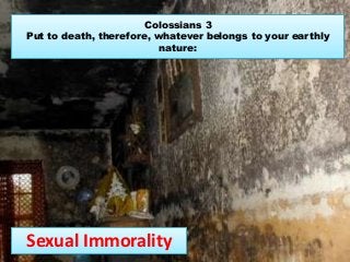 Colossians 3
Put to death, therefore, whatever belongs to your earthly
nature:
Sexual Immorality
 