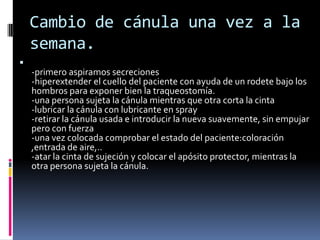 Cambio de cánula una vez a la
    semana.

    -primero aspiramos secreciones
    -hiperextender el cuello del paciente con ayuda de un rodete bajo los
    hombros para exponer bien la traqueostomía.
    -una persona sujeta la cánula mientras que otra corta la cinta
    -lubricar la cánula con lubricante en spray
    -retirar la cánula usada e introducir la nueva suavemente, sin empujar
    pero con fuerza
    -una vez colocada comprobar el estado del paciente:coloración
    ,entrada de aire,..
    -atar la cinta de sujeción y colocar el apósito protector, mientras la
    otra persona sujeta la cánula.
 