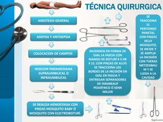 TÉCNICA QUIRURGICA
ANESTESIA GENERAL
ASEPSIA Y ANTISEPSIA
INSICION PARAMEDIANA
SUPRAUMBILICAL O
INFRAUMBILICAL
COLOCACION DE CAMPOS
SE REALIZA HEMOSTASIA CON
PINZAS MOSQUITO BABY Ó
MOSQUITO CON ELECTROBISTURÍ.
INCIDIMOS EN FORMA DE
OJAL LA FASCIA CON
MANGO DE BISTURÍ # 3 HB
# 15. CON PINZAS DE ALLYS
SE TRACCIONA LOS
BORDES DE LA INCISIÓN EN
OJAL EN FASCIA Y
ENTREGAN SEPARADORES
DE FARABEAUF
PEDIÁTRICO Ó SENN
MILLER
SE
TRACCIONA
EL
PERITONEO
PARIETAL
CON PINZAS
KELLY
MOSQUITO,
SE INCIDE Y
SE AMPLIA
LA INCISIÓN
CON TIJERAS
METZENBAU
M Y SE
LLEGA A LA
CAVIDAD
 