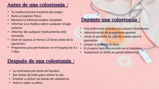 • Tu medico tomara muestras de sangre.
• Hará un examen físico.
• Revisara tu historial medico completo.
• Informar a tu medico sobre cualquier cirugía
anterior.
• Informar de cualquier medicamento este
tomando.
• Estar en ayunas al menos 12 horas antes de la
operación.
• Prepararse para permanecer en el hospital de 3 a
7 días.
• Una enfermera colocara una acceso intravenoso.
• Administración de la anestesia general.
• Llevar al paciente en silla de ruedas para la
operación.
• Limpiar y preparar la zona.
• El cirujano hará una incisión en el abdomen.
• Implantará un anillo en pared abdominal.
• La reintroducción lenta de líquidos.
• Dar trozos de hielo para calmar la sed.
• Enseñar a utilizar las bolsas de colostomía.
• Instruir sobre su dieta.
 