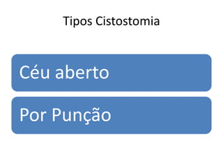Complicações da colostomia
Processo inflamatório que ocorre na serosa da
alça exteriorizada (pomadas);
Infecção - da pele e/ou subcutâneo, causando
celulite peri colostômica;
Hérnia paracolostômica - particularmente
nas colostomias terminais (abordagem cirúrgica
eletiva);
 