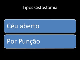 Tipos Cistostomia
Céu aberto
Por Punção
 