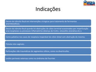 Classificação
• Terminal
• Em Alça
• Bocas separadas
Segundo o modo
de exteriorização
• Temporária
• Definitiva
Segundo o
tempo de
permanência
• Precoce
• Tardia
Segundo ao tipo
de Maturação
 