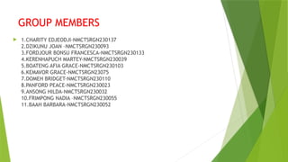 GROUP MEMBERS
 1.CHARITY EDJEODJI-NMCTSRGN230137
2.DZIKUNU JOAN –NMCTSRGN230093
3.FORDJOUR BONSU FRANCESCA-NMCTSRGN230133
4.KERENHAPUCH MARTEY-NMCTSRGN230039
5.BOATENG AFIA GRACE-NMCTSRGN230103
6.KEMAVOR GRACE-NMCTSRGN23075
7.DOMEH BRIDGET-NMCTSRGN230110
8.PANFORD PEACE-NMCTSRGN230023
9.ANSONG HILDA-NMCTSRGN230032
10.FRIMPONG NADIA –NMCTSRGN230055
11.BAAH BARBARA-NMCTSRGN230052
 