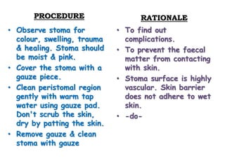 PROCEDURE
• Observe stoma for
colour, swelling, trauma
& healing. Stoma should
be moist & pink.
• Cover the stoma with a
gauze piece.
• Clean peristomal region
gently with warm tap
water using gauze pad.
Don't scrub the skin,
dry by patting the skin.
• Remove gauze & clean
stoma with gauze
RATIONALE
• To find out
complications.
• To prevent the faecal
matter from contacting
with skin.
• Stoma surface is highly
vascular. Skin barrier
does not adhere to wet
skin.
• -do-
 