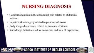 • Comfort alteration in the abdominal pain related to abdominal
incision.
• Impaired skin integrity related to presence of stoma.
• Body image disturbance related to presence of stoma.
• Knowledge deficit related to stoma care and lack of experience.
 