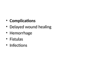 • Complications
• Delayed wound healing
• Hemorrhage
• Fistulas
• Infections
 