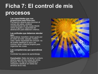 Ficha 7: El control de mis
procesos
 Las capacidades que nos
 proporciona esta ficha son:
 Percepción abierta para dominar el
 campo del saber, analizar
 características de las cosas desde
 varios ángulos y capacidad de
 abstracción para elaborar criterios.
 Las actitudes que debemos atender
 son:
 Generalizar, transferir, tener gusto por
 el orden en todo: estudio, horario,
 casa, sentir necesidad de conocer: no
 se puede clasificar lo que o se
 conoce, tener criterios propios para
 organizar las cosas
 Las competencias que aprendimos
 fue:
 Controlar los pasos de aprendizaje.

 Conclusión: Debo de tener un criterio
 abierto para ver las cosas de varios
 ángulos. Por eso es importante y
 necesario clasificar en todos los
 ámbitos de la vida.
 