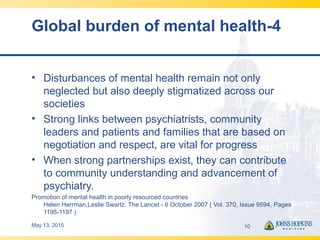 Global burden of mental health-4
• Disturbances of mental health remain not only
neglected but also deeply stigmatized acr...