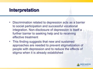 InterpretationInterpretation
• Discrimination related to depression acts as a barrier
to social participation and successf...