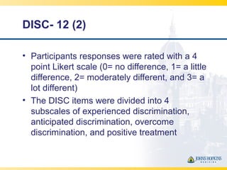 DISC- 12 (2)
• Participants responses were rated with a 4
point Likert scale (0= no difference, 1= a little
difference, 2=...