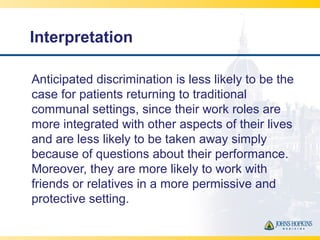 Interpretation
Anticipated discrimination is less likely to be the
case for patients returning to traditional
communal set...