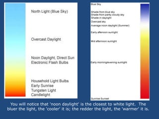 You will notice that 'noon daylight' is the closest to white light.  The bluer the light, the 'cooler' it is; the redder the light, the 'warmer' it is. 