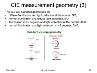 CIE measurement geometry (3) The four CIE standard geometries are: diffuse illumination and light collection at the normal, D/0; normal illumination and diffuse light collection, 0/D; illumination at 45 degrees and light collection at the normal, 45/0; normal illumination and light collection at 45 degrees, 0/45. 
