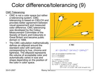 Color difference/tolerancing (9) CMC Tolerancing CMC is not a color space but rather a tolerancing system. CMC tolerancing is based on CIELCH and provides better agreement between visual assessment and measured color difference. CMC tolerancing was developed by the Colour Measurement Committee of the Society of Dyers and Colourists in Great Britain and became public domain in 1988. The CMC calculation mathematically defines an ellipsoid around the standard color with semi-axis corresponding to hue, chroma and lightness. The ellipsoid represents the volume of acceptable color and automatically varies in size and shape depending on the position of the color in color space.  