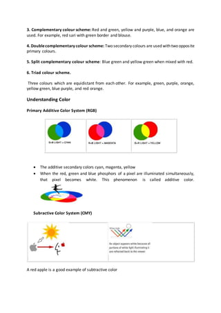 3. Complementary colour scheme: Red and green, yellow and purple, blue, and orange are
used. For example, red sari with green border and blouse.
4. Doublecomplementarycolour scheme: Two secondary colours are used with two opposite
primary colours.
5. Split complementary colour scheme: Blue green and yellow green when mixed with red.
6. Triad colour scheme.
Three colours which are equidistant from each other. For example, green, purple, orange,
yellow green, blue purple, and red orange.
Understanding Color
Primary Additive Color System (RGB)
 The additive secondary colors cyan, magenta, yellow
 When the red, green and blue phosphors of a pixel are illuminated simultaneously,
that pixel becomes white. This phenomenon is called additive color.
Subractive Color System (CMY)
A red apple is a good example of subtractive color
 