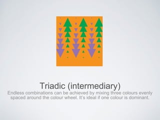 Triadic (intermediary)
Endless combinations can be achieved by mixing three colours evenly
spaced around the colour wheel. It’s ideal if one colour is dominant.
 