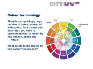 There is a surprisingly large
number of terms connected
with colour. As a painter and
decorator, you need to
understand what is meant by
hue and tint, shade and
value.
What do the terms shown on
this colour wheel mean?
Colour terminology
Shade
Hue Tint
Complement
tint
 