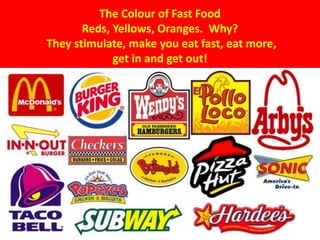 The Colour of Fast Food
Reds, Yellows, Oranges. Why?
They stimulate, make you eat fast, eat more,
get in and get out!
 