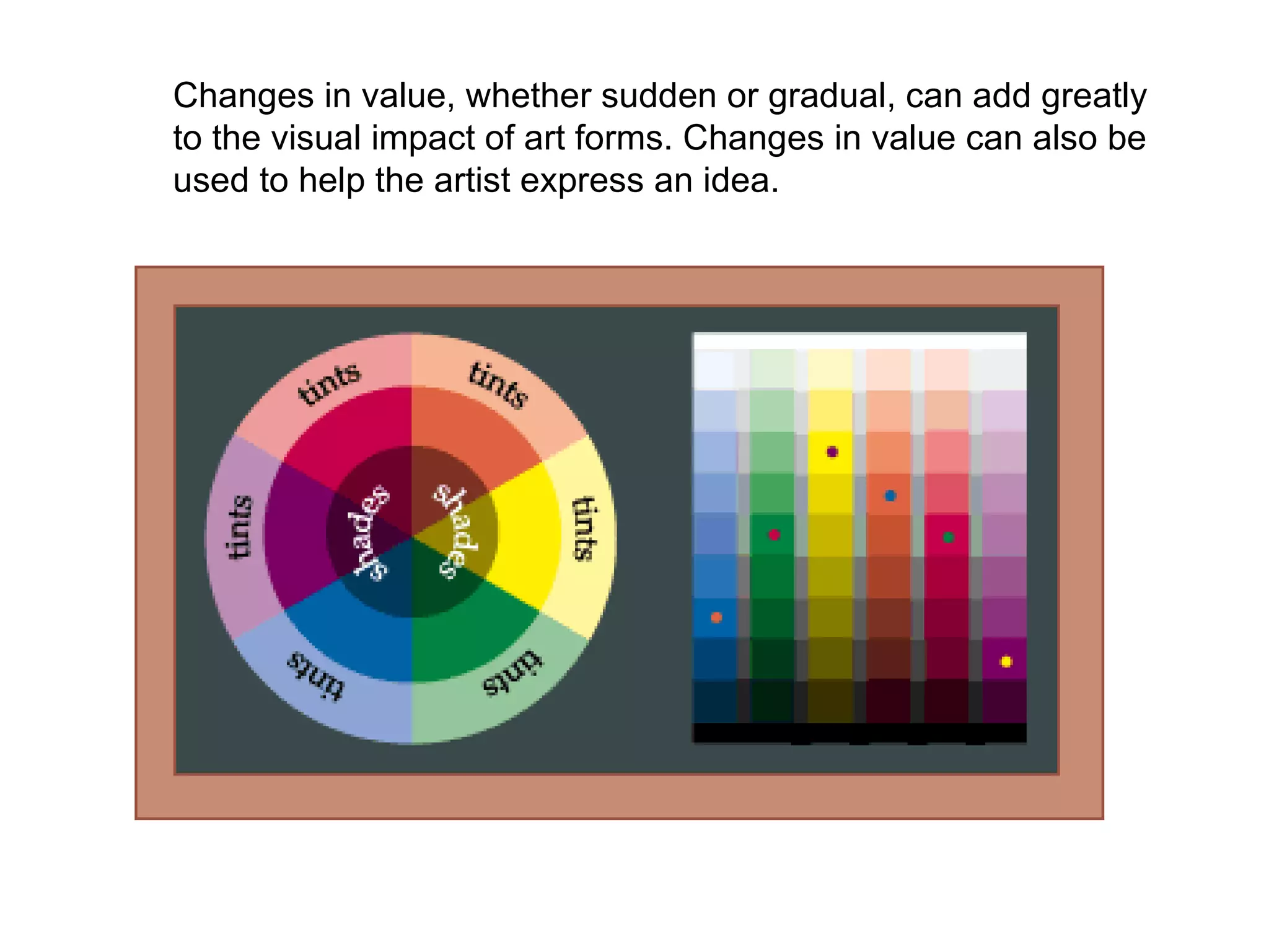 Changes in value, whether sudden or gradual, can add greatly  to the visual impact of art forms. Changes in value can also be  used to help the artist express   an idea.  