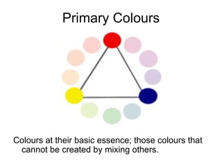 Primary Colours Colours at their basic essence; those colours that cannot be created by mixing others.   