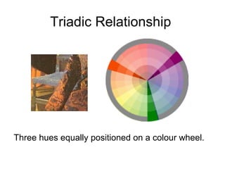 Triadic Relationship  Three hues equally positioned on a colour wheel. 