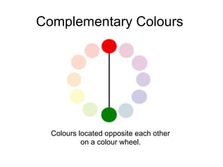 Complementary Colours  Colours located opposite each other  on a colour wheel.   
