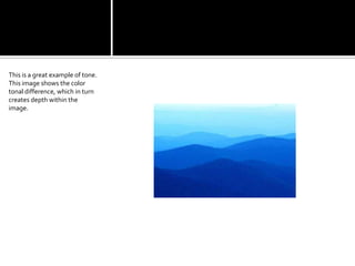 This is a great example of tone. This image shows the color tonal difference, which in turn creates depth within the image.