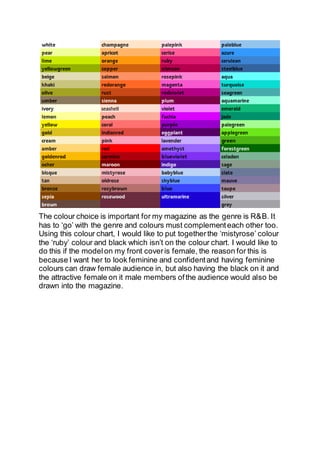 The colour choice is important for my magazine as the genre is R&B. It
has to ‘go’ with the genre and colours must complementeach other too.
Using this colour chart, I would like to put togetherthe ‘mistyrose’ colour
the ‘ruby’ colour and black which isn’t on the colour chart. I would like to
do this if the modelon my front coveris female, the reason for this is
because I want her to look feminine and confidentand having feminine
colours can draw female audience in, but also having the black on it and
the attractive female on it male members ofthe audience would also be
drawn into the magazine.
 