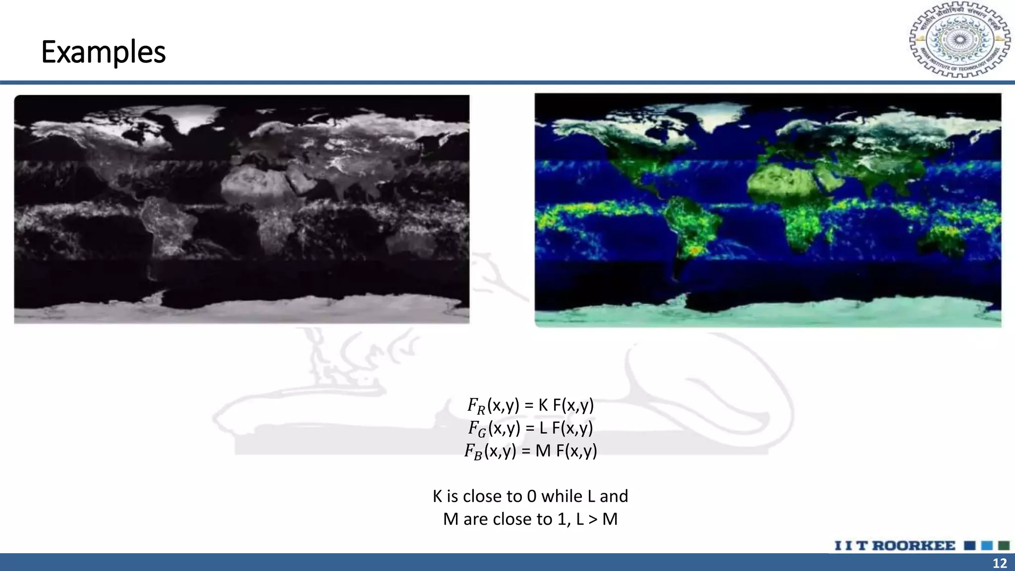 12
Examples
𝐹𝑅(x,y) = K F(x,y)
𝐹𝐺(x,y) = L F(x,y)
𝐹𝐵(x,y) = M F(x,y)
K is close to 0 while L and
M are close to 1, L > M
 