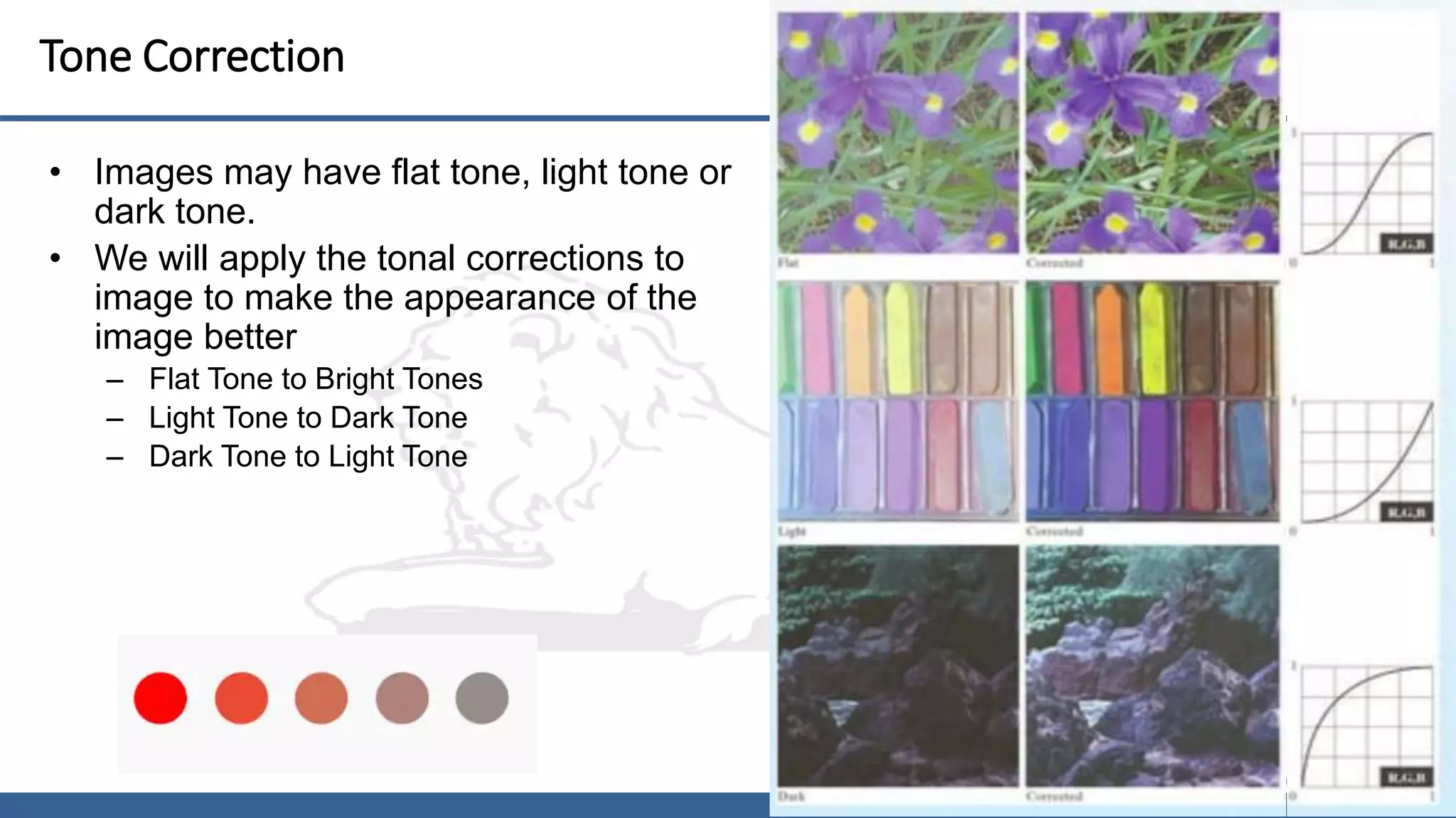 20
Tone Correction
• Images may have flat tone, light tone or
dark tone.
• We will apply the tonal corrections to
image to make the appearance of the
image better
– Flat Tone to Bright Tones
– Light Tone to Dark Tone
– Dark Tone to Light Tone
 