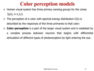 Digital Image Processing 29
Color perception models
➢ Human visual system has three primary sensing groups for the cones
Si(λ), i=1,2,3.
➢ The perception of a color with spectral energy distribution C(λ) is
described by the responses of the three primaries to that color:
➢ Color perception is a part of the larger visual system and is mediated by
a complex process between neurons that begins with differential
stimulation of different types of photoreceptors by light entering the eye.
 
