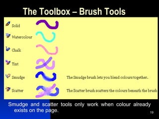 The Toolbox – Brush Tools Smudge and scatter tools only work when colour already exists on the page. 