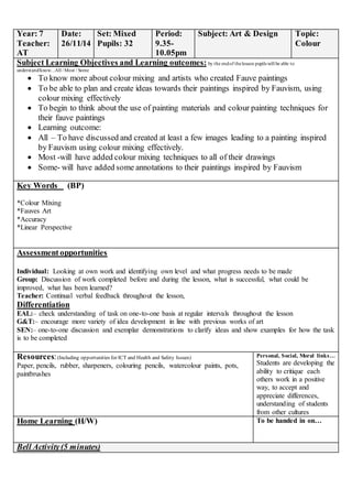 Year: 7
Teacher:
AT
Date:
26/11/14
Set: Mixed
Pupils: 32
Period:
9.35-
10.05pm
Subject: Art & Design Topic:
Colour
Subject Learning Objectives and Learning outcomes: by the endof thelesson pupils will be able to
understand/know…All / Most / Some
 To know more about colour mixing and artists who created Fauve paintings
 To be able to plan and create ideas towards their paintings inspired by Fauvism, using
colour mixing effectively
 To begin to think about the use of painting materials and colour painting techniques for
their fauve paintings
 Learning outcome:
 All – To have discussed and created at least a few images leading to a painting inspired
by Fauvism using colour mixing effectively.
 Most -will have added colour mixing techniques to all of their drawings
 Some- will have added some annotations to their paintings inspired by Fauvism
Key Words (BP)
*Colour Mixing
*Fauves Art
*Accuracy
*Linear Perspective
Assessmentopportunities
Individual: Looking at own work and identifying own level and what progress needs to be made
Group: Discussion of work completed before and during the lesson, what is successful, what could be
improved, what has been learned?
Teacher: Continual verbal feedback throughout the lesson,
Differentiation
EAL:– check understanding of task on one-to-one basis at regular intervals throughout the lesson
G&T:– encourage more variety of idea development in line with previous works of art
SEN:– one-to-one discussion and exemplar demonstrations to clarify ideas and show examples for how the task
is to be completed
Resources:(Including opportunities for ICT and Health and Safety Issues)
Paper, pencils, rubber, sharpeners, colouring pencils, watercolour paints, pots,
paintbrushes
Personal, Social, Moral links…
Students are developing the
ability to critique each
others work in a positive
way, to accept and
appreciate differences,
understanding of students
from other cultures
Home Learning (H/W) To be handed in on…
Bell Activity(5 minutes)
 