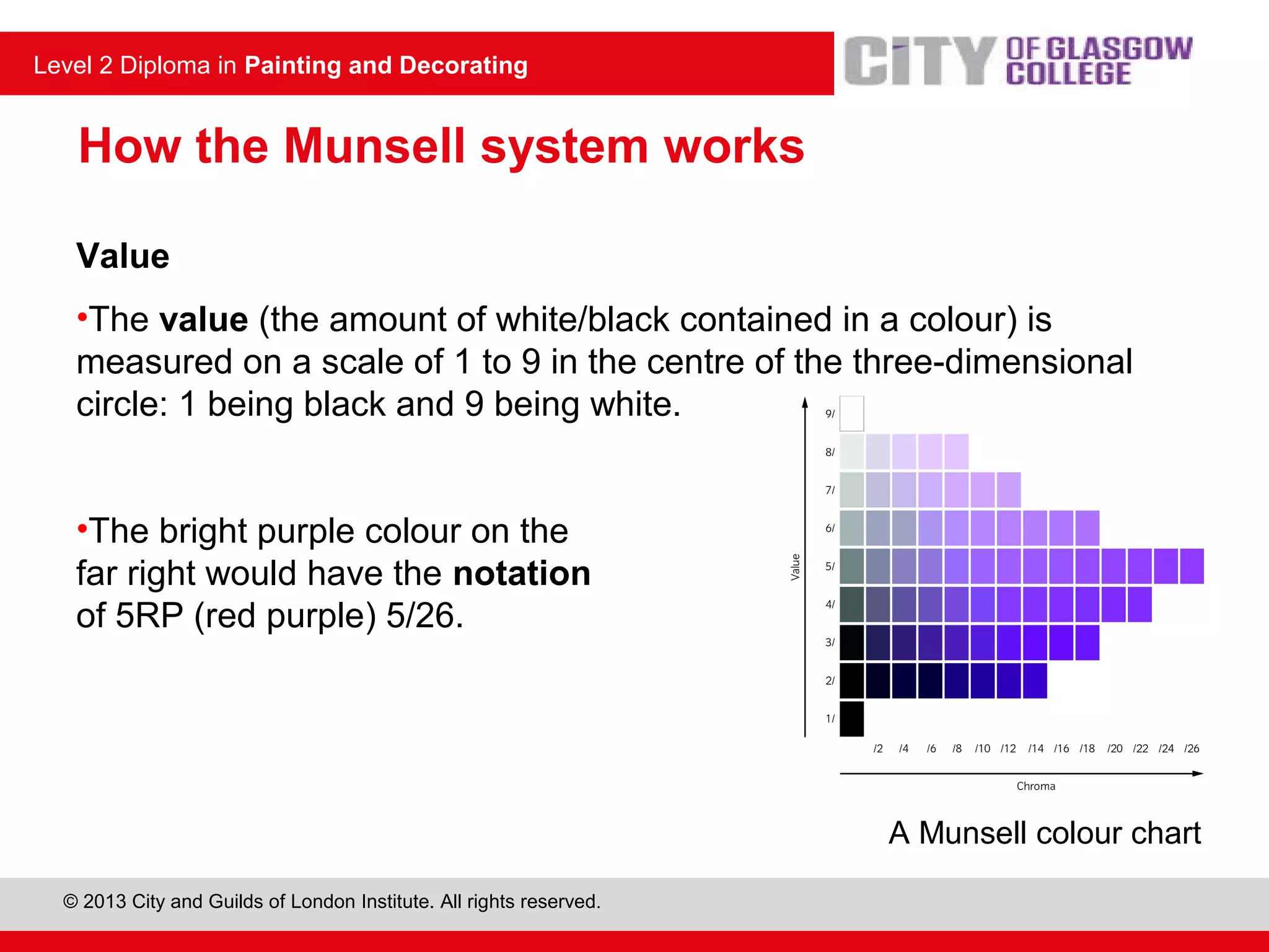 © 2013 City and Guilds of London Institute. All rights reserved.
Level 2 Diploma in Painting and Decorating
How the Munsell system works
Value
•The value (the amount of white/black contained in a colour) is
measured on a scale of 1 to 9 in the centre of the three-dimensional
circle: 1 being black and 9 being white.
•The bright purple colour on the
far right would have the notation
of 5RP (red purple) 5/26.
A Munsell colour chart
230.1
 