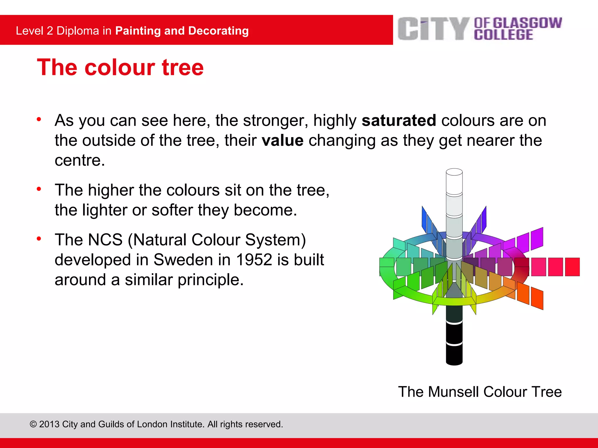 © 2013 City and Guilds of London Institute. All rights reserved.
Level 2 Diploma in Painting and Decorating
The colour tree
• As you can see here, the stronger, highly saturated colours are on
the outside of the tree, their value changing as they get nearer the
centre.
• The higher the colours sit on the tree,
the lighter or softer they become.
• The NCS (Natural Colour System)
developed in Sweden in 1952 is built
around a similar principle.
The Munsell Colour Tree
230.2
 